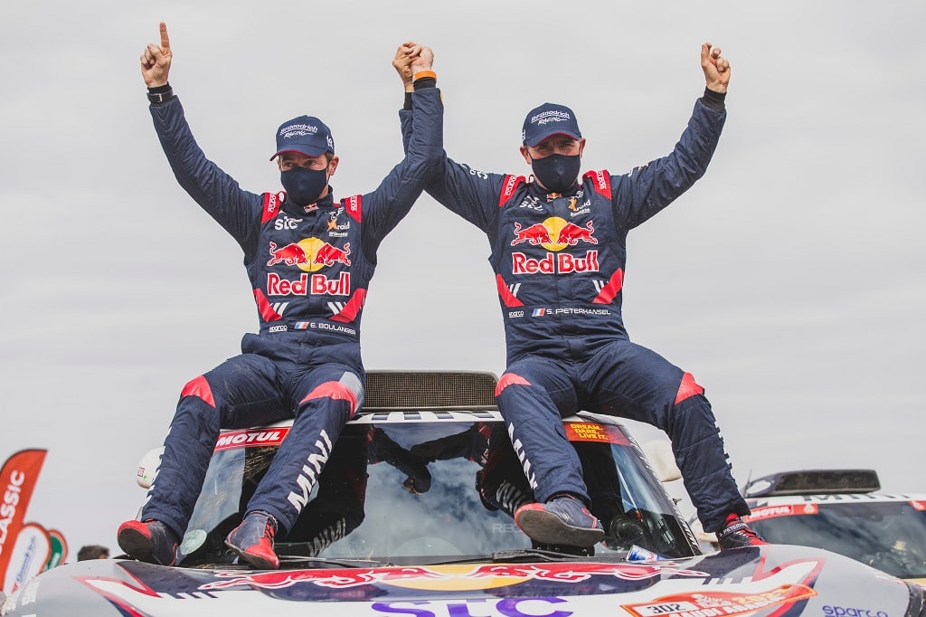 Stephane Peterhansel (FRA) for X-Raid Mini JCW Team at the finish line of stage 12 of Rally Dakar 2021 from Yanbu to Jeddah, Saudi Arabia on January 15, 2021. // Flavien Duhamel/Red Bull Content Pool // SI202101150097 // Usage for editorial use only //