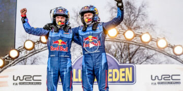 Ott Tänak ja Martin Järveoja 2023 aasta Rootsi rallil võitu tähistamas Foto: M-Sport