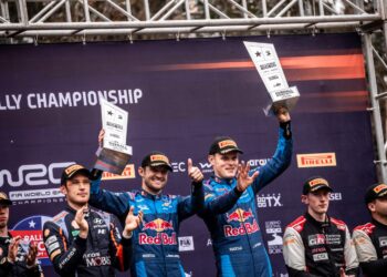 Ott Tänak ja Martin Järveoja Tšiili ralli poodiumil, Foto: M-Sport