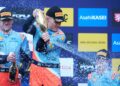 Ott Tänak ja Martin Järveoja Kesk-Euroopa MM-ralli võitu tähistamas, Foto: Austral / Hyundai Motorsport GmbH