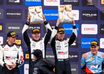 Elfyn Evans, Kalle Rovanperä ja Ott Tänak Tšiili ralli 2024 poodiumil, Foto: Jaanus Ree / Red Bull Content Pool