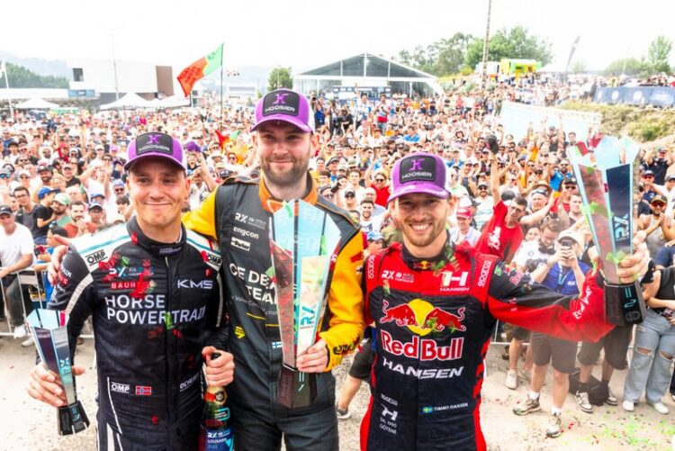 Avaetapi poodium, Niclas Gronholm, Ole Christian Veiby, Timmy Hansen. Foto: Jaanus Ree / Red Bull Content Pool 