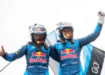 Ott Tänak ja Martin Järveoja 2023 Tšiili MM-ralli võitu tähistamas, Foto: Jaanus Ree / Red Bull Content Pool