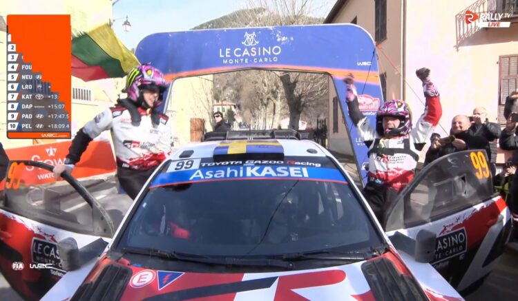 Oliver Solberg ja Elliott Edmondson Monte Carlo ralli 2026 võitu tähistamas. Kuvatõmmis Rally.tv